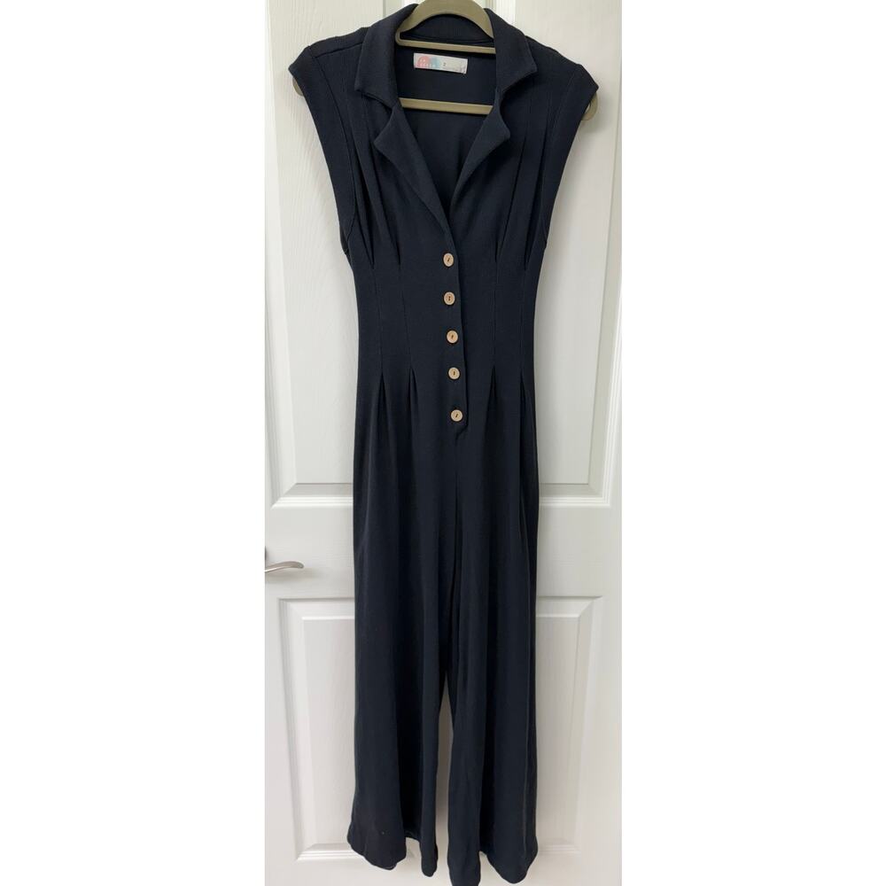 Free People Beach Black wide leg jumpsuit sleeveless V Neck button cutout XS - Picture 8 of 10